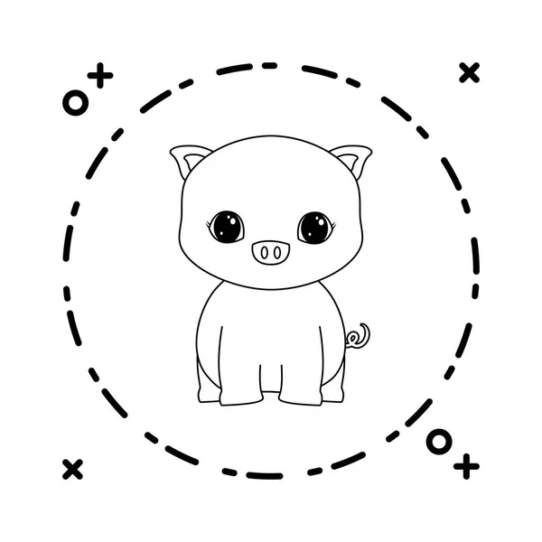 可爱的小猪动物在框架圆形 — 图库矢量图片