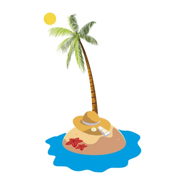 Plage d'été avec paume et chapeau de paille scène — Image vectorielle
