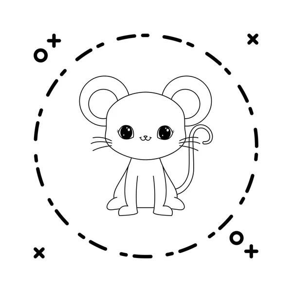 Lindo ratón animal con marco circular — Vector de stock