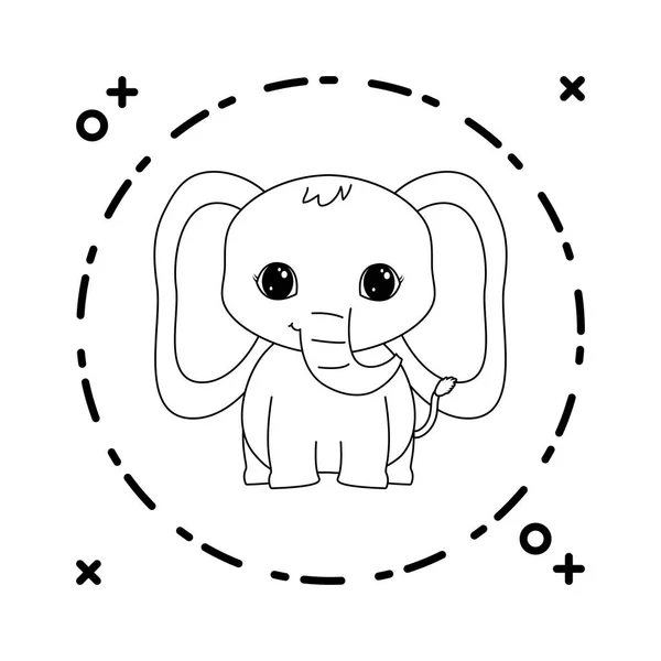 Elefante lindo animal con marco circular — Vector de stock