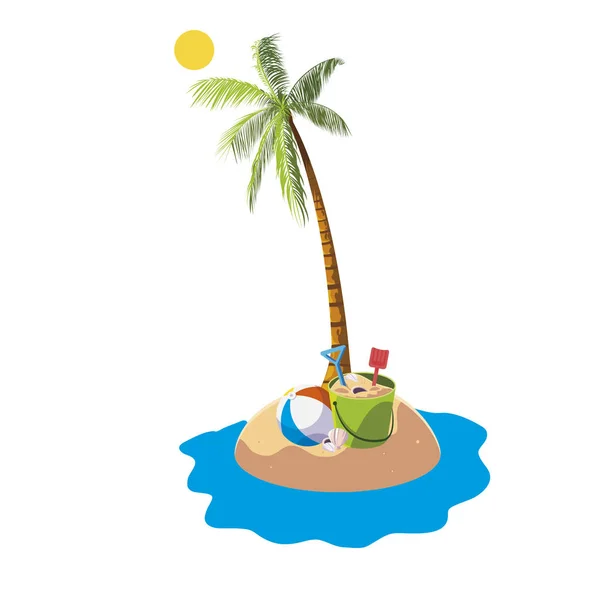 Plage d'été avec palmier et ballon scène de jouet en plastique — Image vectorielle