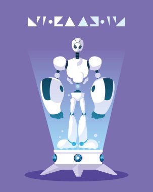 Mor arka plan üzerinde teknoloji robot karikatür