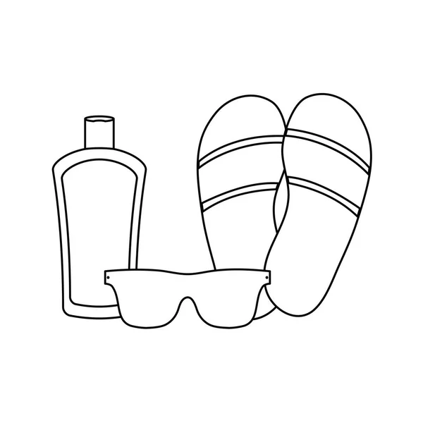 Güneş gözlüğü ve engelleyici şişesi ile parmak arası terlik — Stok Vektör