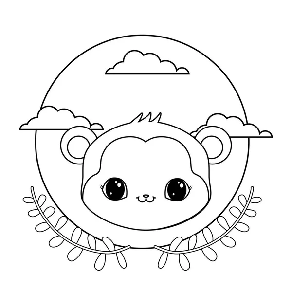 Head of monkey in frame circular with crown of leafs — Stock Vector