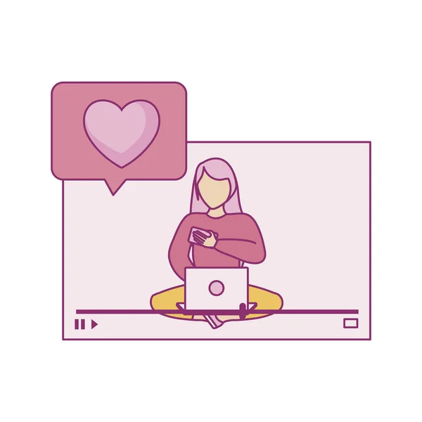 Woman seated using laptop computer with speech bubble — 스톡 벡터