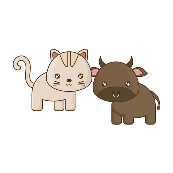 Lindo toro con gato aislado icono — Archivo Imágenes Vectoriales