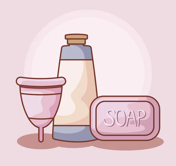Menstruationstasse mit Seife und Schlauchflasche — Stockvektor
