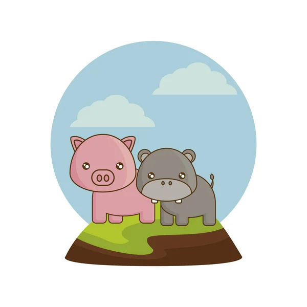Bonito porquinho com hipopótamo em paisagem natural —  Vetores de Stock