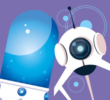 Mor arka plan üzerinde teknoloji robot karikatür