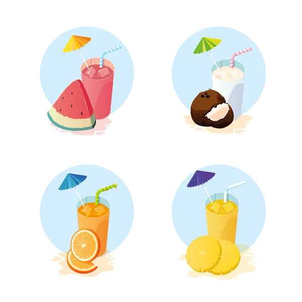 Juego de jugos con iconos de frutas — Vector de stock