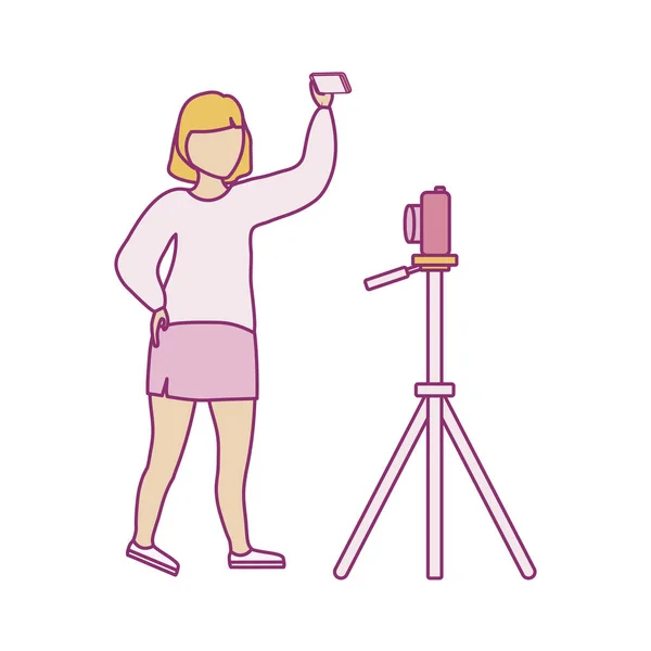 Женщина делает селфи со смартфоном и фотографической камерой — стоковый вектор