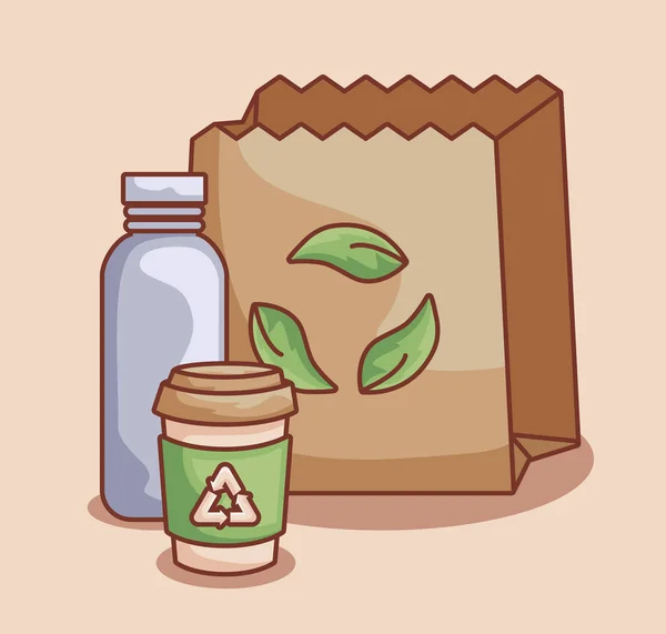 Çanta kağıt ve şişe ekolojik — Stok Vektör