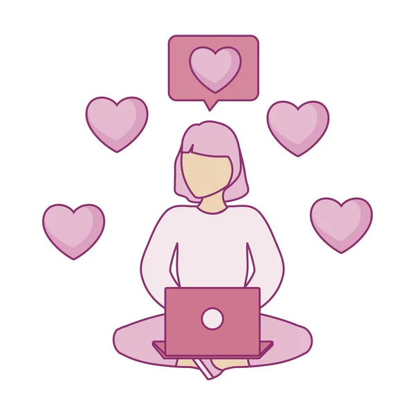 Woman seated using laptop computer with hearts — 스톡 벡터