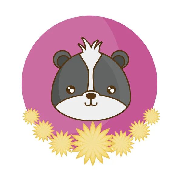 Cabeza de lindo mapache animal con flores — Vector de stock