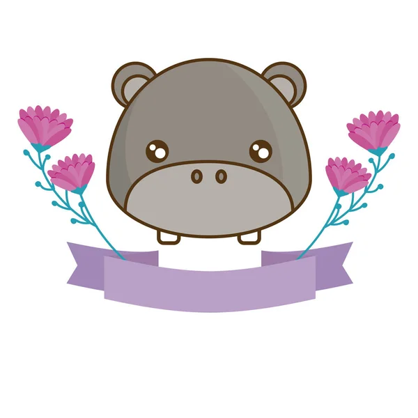 Cabeza de lindo hipopótamo con cinta y flores — Vector de stock