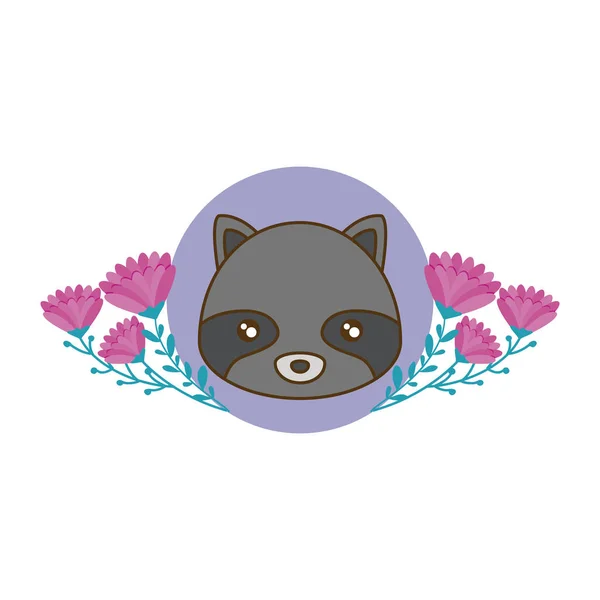 Cabeza de mapache lindo en marco con flores — Vector de stock