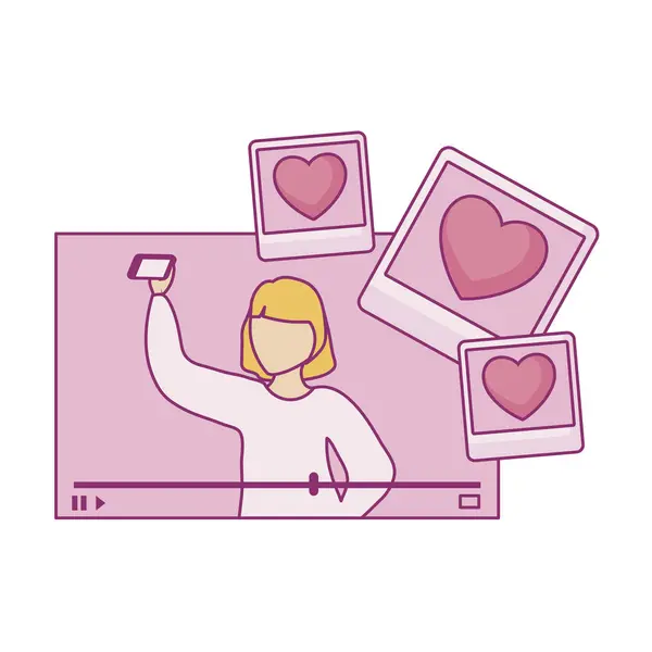 Woman taking selfie with smartphone and hearts — Stock Vector