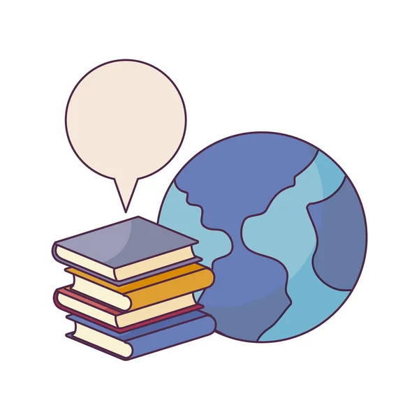 Stapel Lehrbücher mit Planet Erde und Sprechblase — Stockvektor