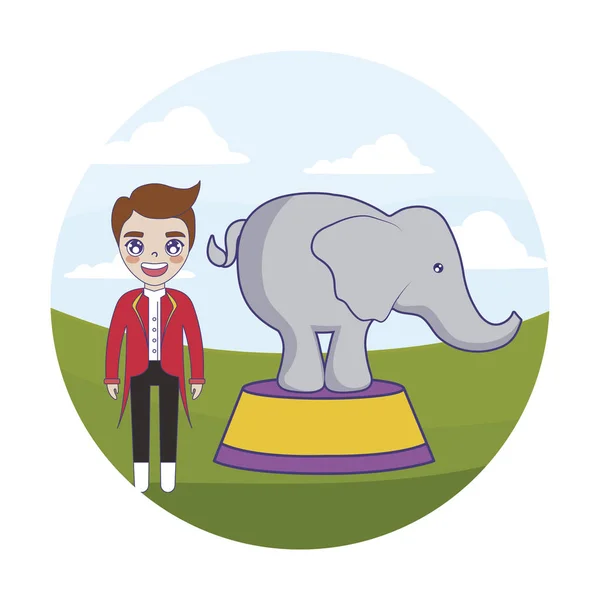 フレーム円形の象とサーカスの動物のテイマー男性 — ストックベクタ