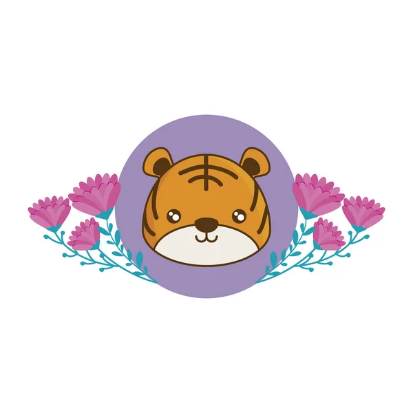 Cap de tigru drăguț în cadru cu flori — Vector de stoc