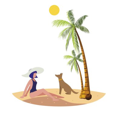 plaj yaz sahnesinde köpek ile genç kadın