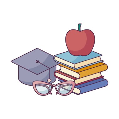 şapka mezuniyet ve simge ile ders kitapları yığını