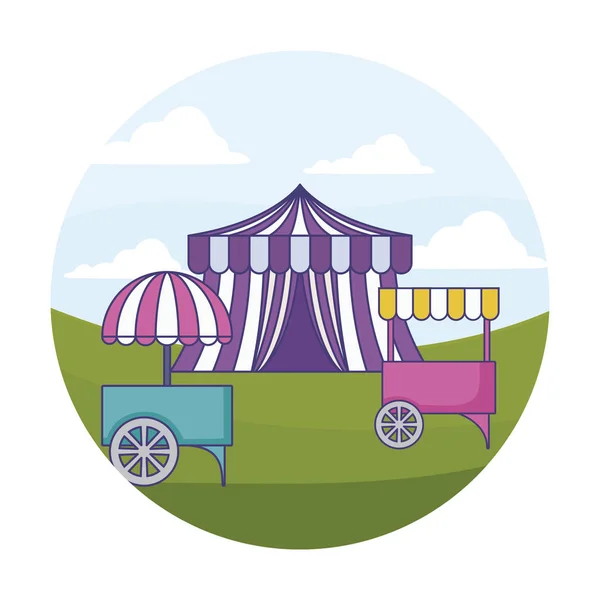 Quiosques de carnaval com tenda de circo em quadro circular — Vetor de Stock