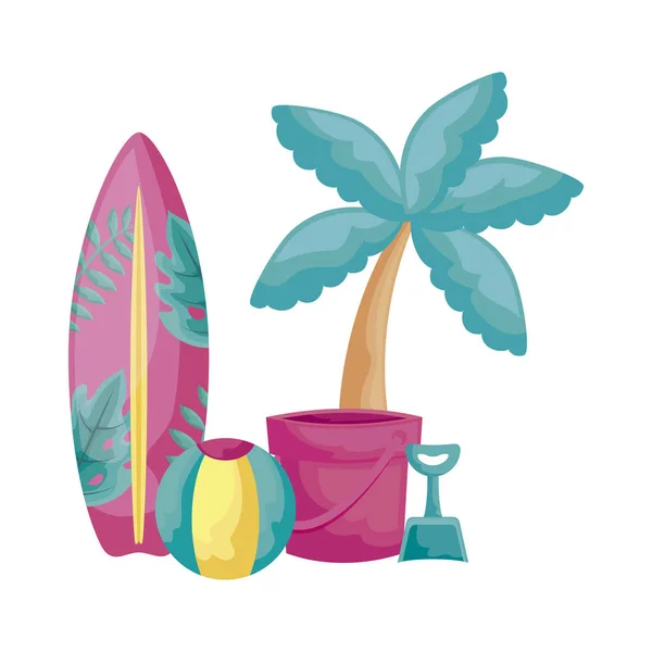 Tabla de surf con palma tropical y vacaciones iconos — Vector de stock