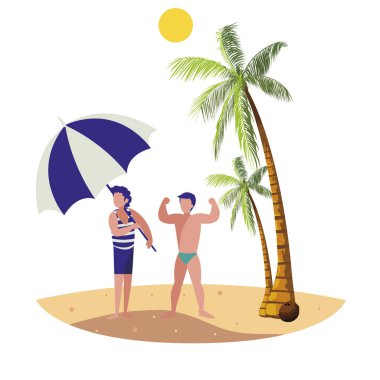 plaj yaz sahnesinde güçlü bir adam ile genç çocuk