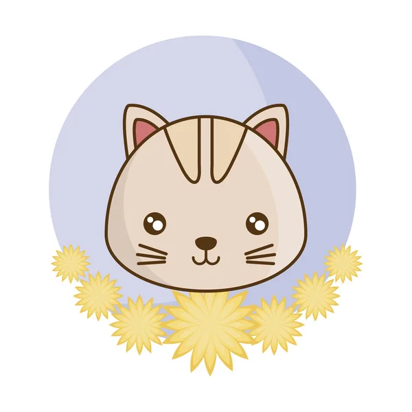 Cabeza de gato lindo en marco con flores — Vector de stock