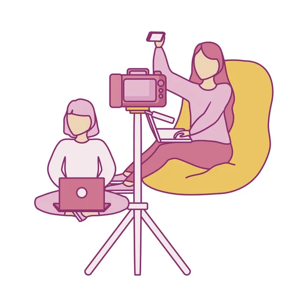 Gruppenfrauen mit Laptop und Fotokamera — Stockvektor