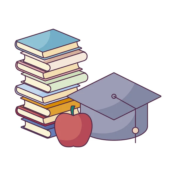Pile of textbooks with apple and hat graduation — Stock Vector