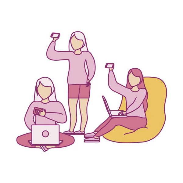 Ομάδα γυναικών που χρησιμοποιούν φορητό υπολογιστή και συσκευή smartphone — Διανυσματικό Αρχείο