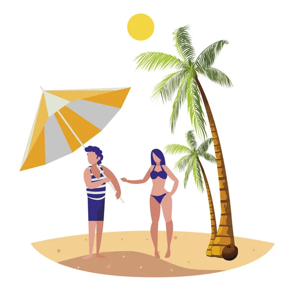 Young boy with woman on the beach summer scene — Stock Vector
