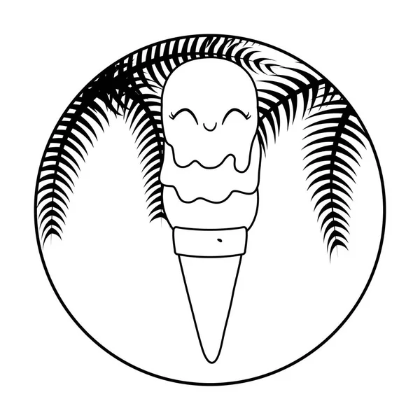 Gelato in cono kawaii con palma tropicale in cornice — Vettoriale Stock