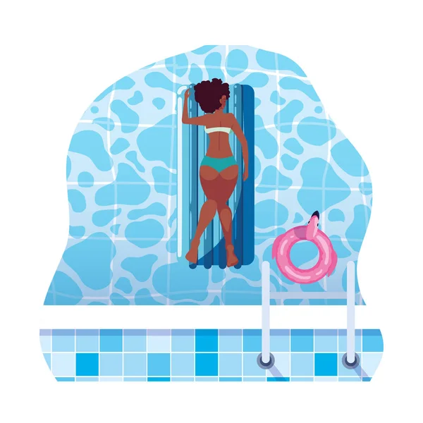Afro femme bronzage dans flotteur matelas flottant dans l'eau — Image vectorielle