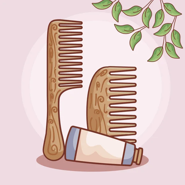 Haarkämme aus Holz mit Rohrflasche — Stockvektor