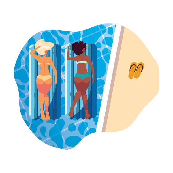 水の中にフロートマットレスを持つ美しい異人種間の女の子 — ストックベクタ