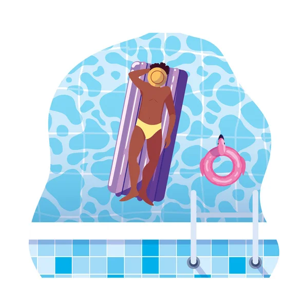 Afro-Mann mit Badeanzug und Schwimmermatratze im Wasser — Stockvektor