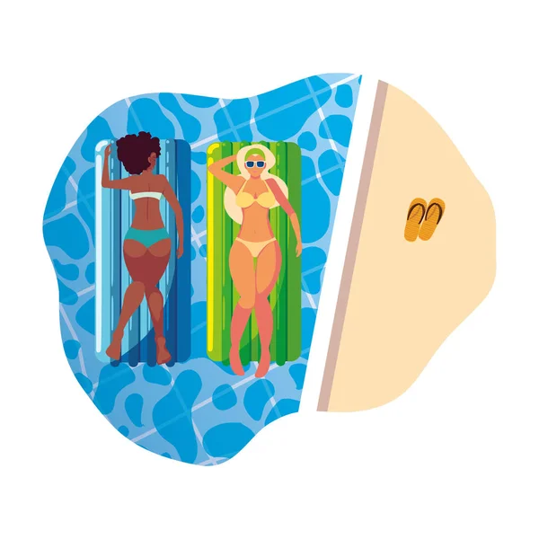 Mooie interraciale meisjes met float matras in het water — Stockvector