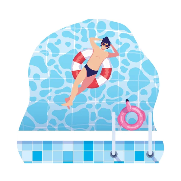 Young man with swimsuit and float lifeguard in water — Stock Vector