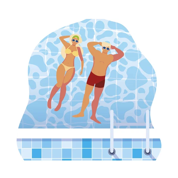 Jeune couple avec maillot de bain flottant dans la piscine — Image vectorielle