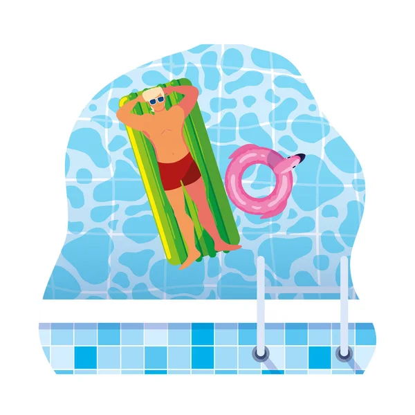 Junger Mann mit Badeanzug und Schwimmmatratze im Wasser — Stockvektor