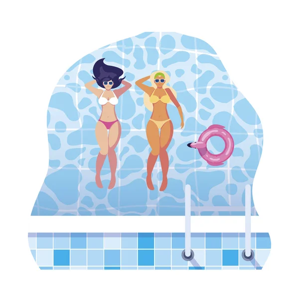 Beautiful girls couple with swimsuits floating in water — Stock Vector