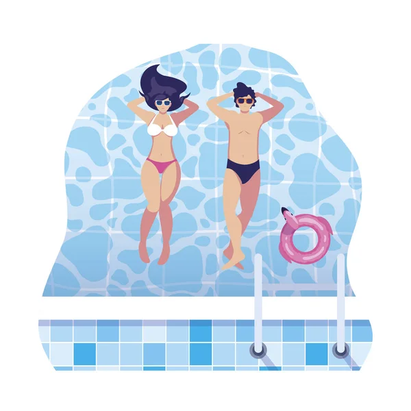 Jovem casal com maiô flutuando na piscina — Vetor de Stock