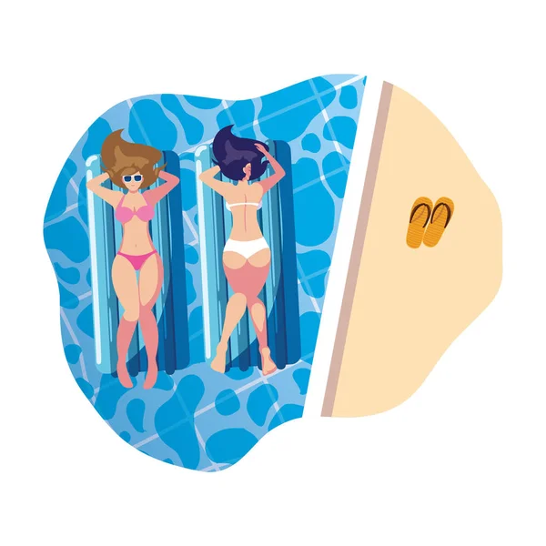 Hermosas chicas con colchón flotante flotando en la piscina — Vector de stock