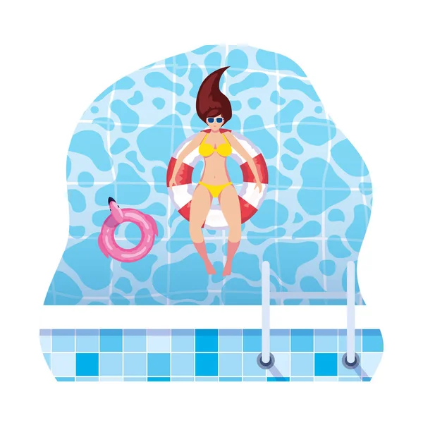 Frau mit Badeanzug und Bademeister schwimmt im Wasser — Stockvektor