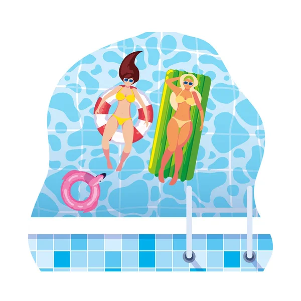 Filles avec maillot de bain en maître nageur et matelas flotteurs dans l'eau — Image vectorielle