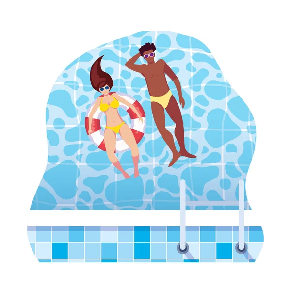 Paar mit Badeanzug und Schwimmer im Wasser — Stockvektor