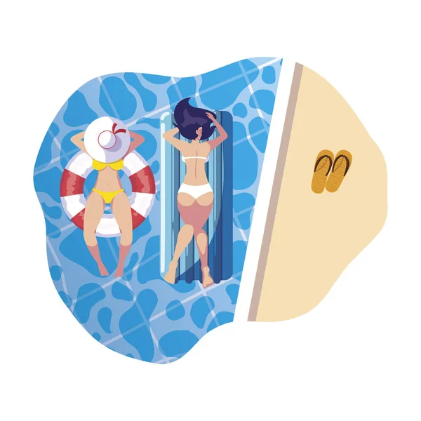 Chicas con traje de baño en salvavidas y colchón flota en el agua — Vector de stock